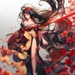anime nữ mặc kimono ảnh giữa phố đêm