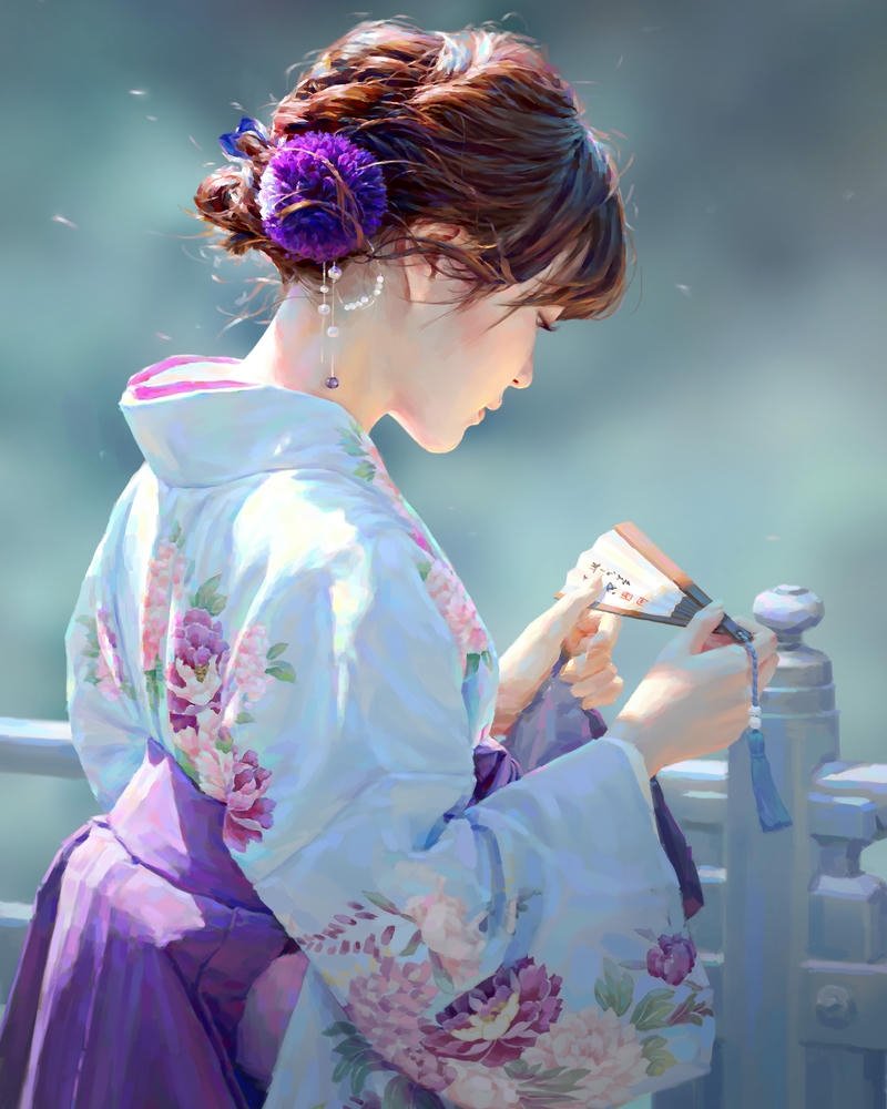 hình ảnh anime nữ mặc kimono bên dòng suối