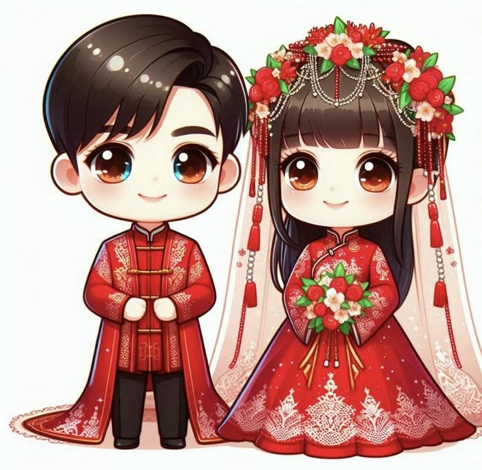 ảnh cô dâu chú rể chibi ánh mắt long lanh