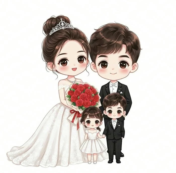 ảnh cô dâu chú rể chibi cùng con cái