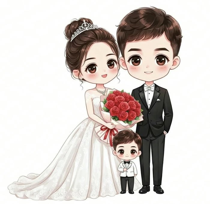 ảnh cưới cô dâu chú rể chibi cầm hoa hồng