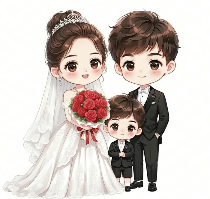 ảnh gia đình cô dâu chú rể chibi dễ thương