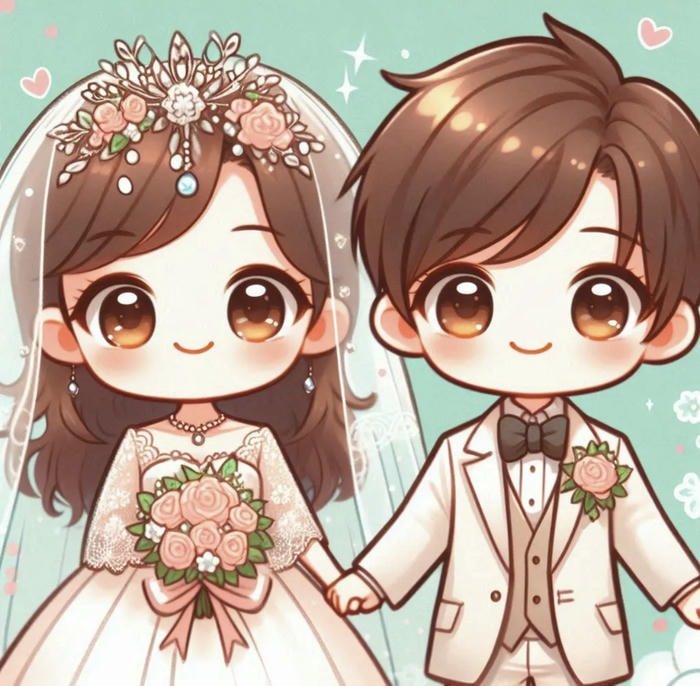 cô dâu chú rể chibi mặc váy cưới hồng