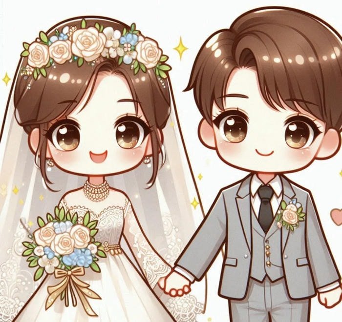 cô dâu nắm tay chú rể chibi tình cảm