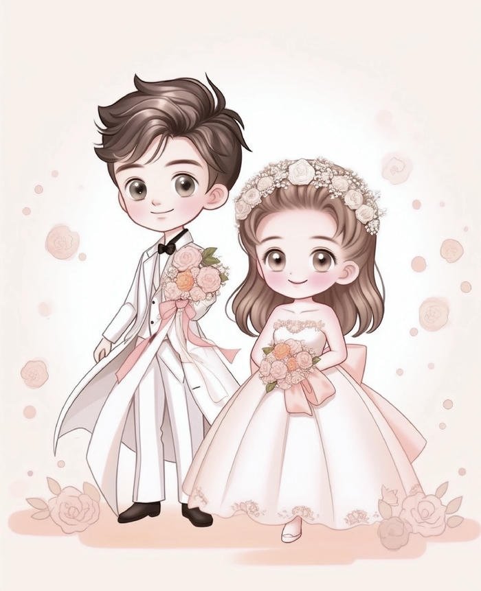 hình chibi cô dâu chú rể hồng pastel