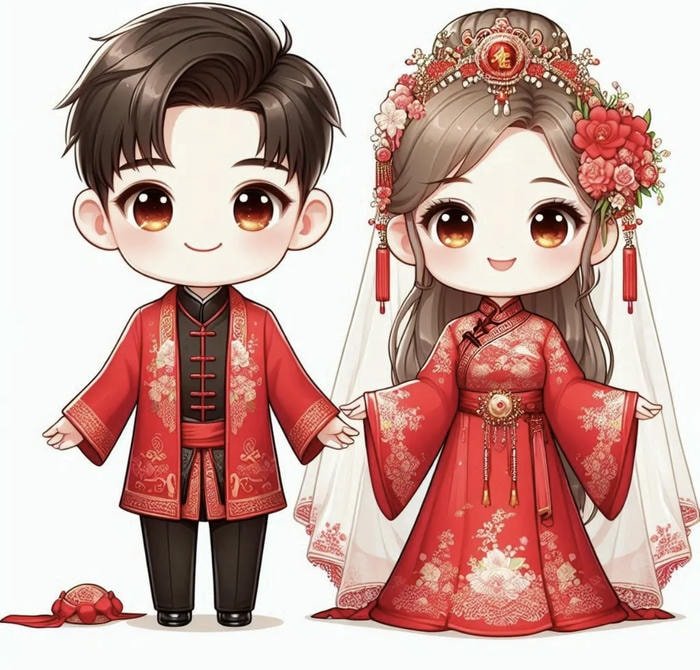 hình cô dâu chú rể chibi vui nhộn