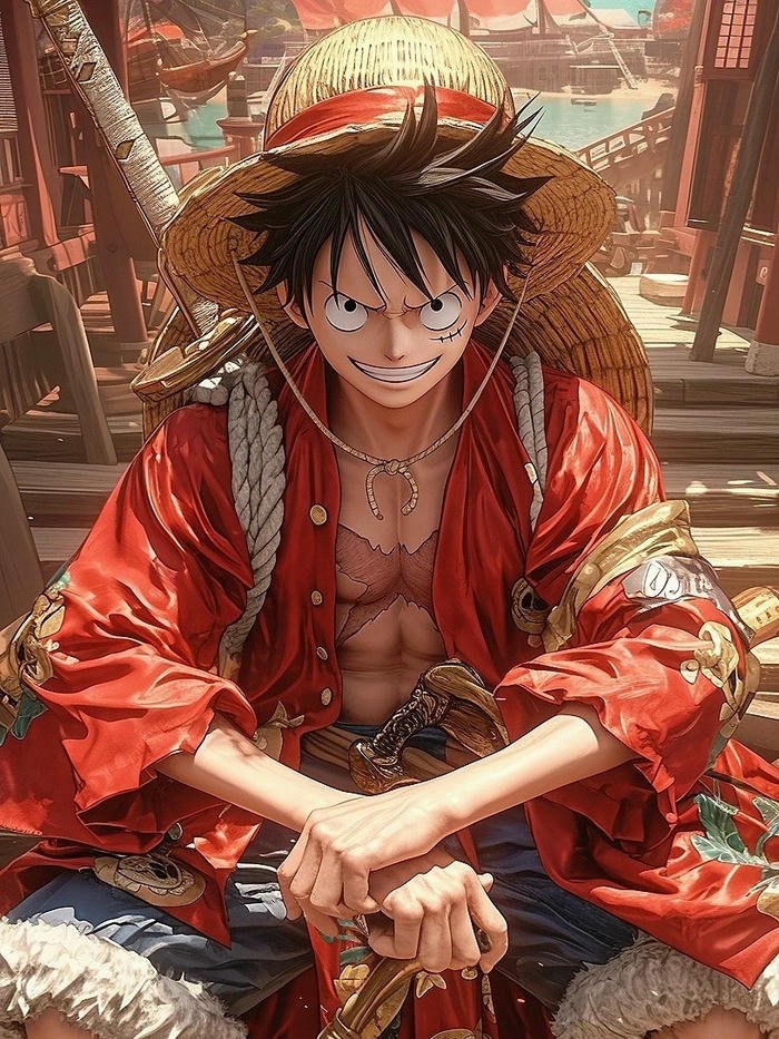 Ảnh Luffy ngồi khoanh chân đội mũ rơm