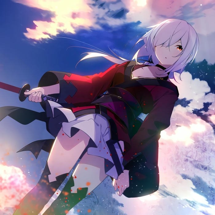 Ảnh nhân vật anime nữ tóc đen cầm kiếm đỏ