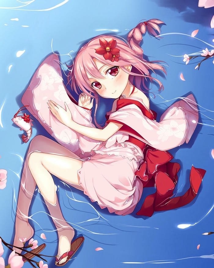 Ảnh nhân vật anime nữ tóc hồng ngồi trên phao