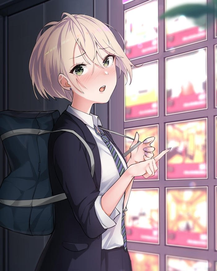 Ảnh nhân vật anime nữ tóc ngắn bên máy bán hàng