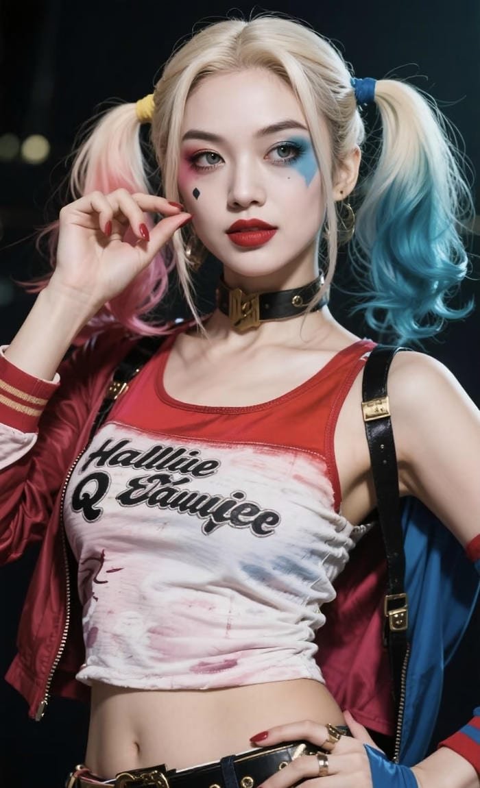 Hình harley quinn cosplay mái tóc đỏ xanh nổi bật