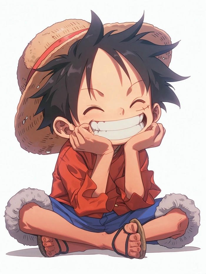 Hình nền Luffy chibi ngồi cười đội mũ rơm