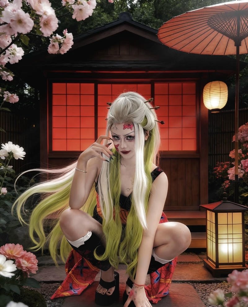 Hóa thân Daki với mái tóc bạc và trang phục kimono