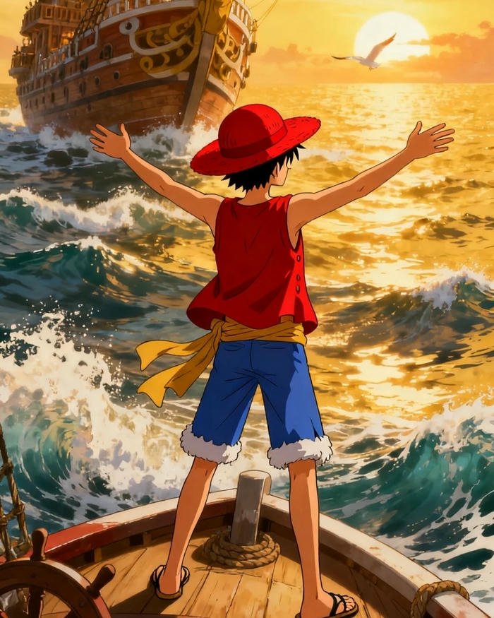 Luffy One Piece đứng dang tay nền trời vàng