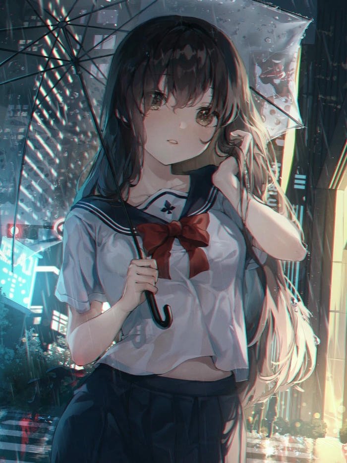 Vẽ nhân vật anime nữ sinh tóc đen cầm ô