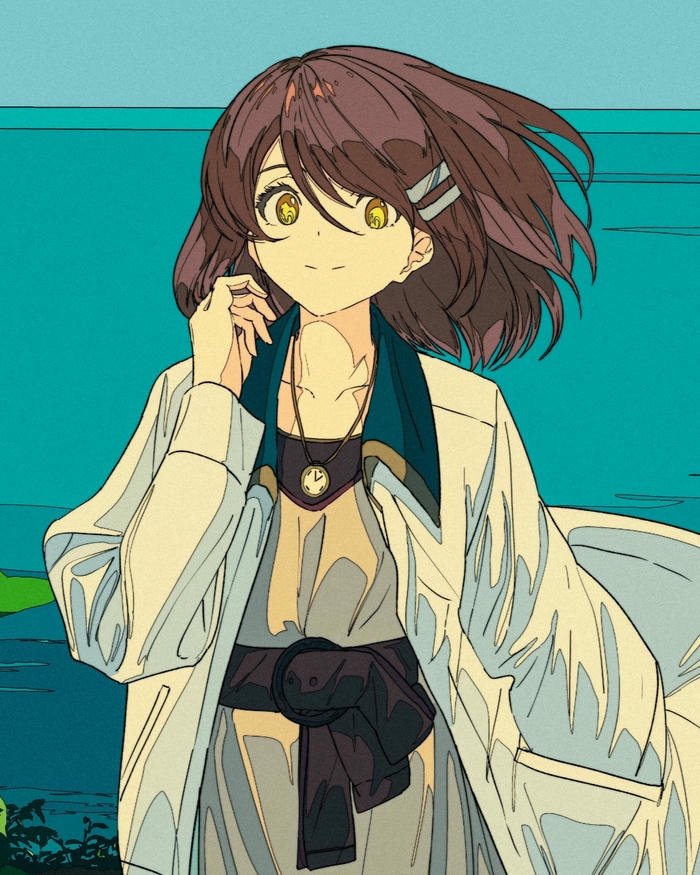 Vẽ nhân vật anime nữ tóc nâu ngắn trước biển