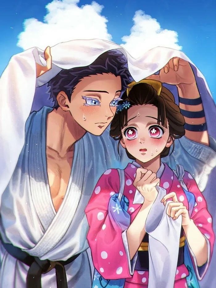 Akaza anime đứng cạnh cô gái dưới bầu trời xanh