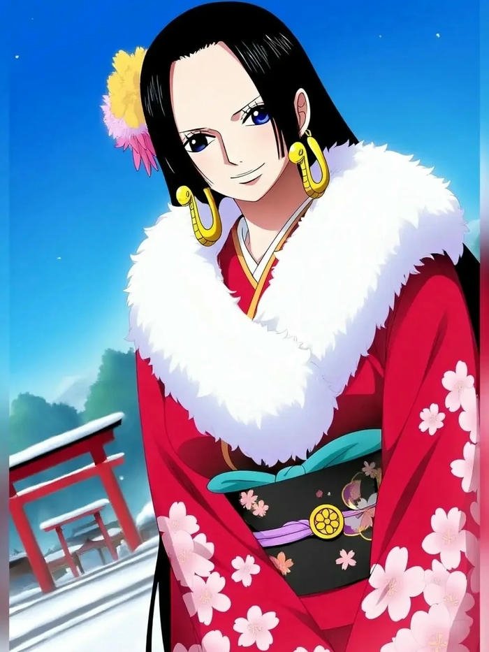 Ảnh Boa Hancock mặc kimono đỏ nền trời xanh đẹp