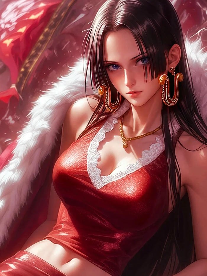 Ảnh Boa Hancock mặc váy đỏ lông vũ sang trọng