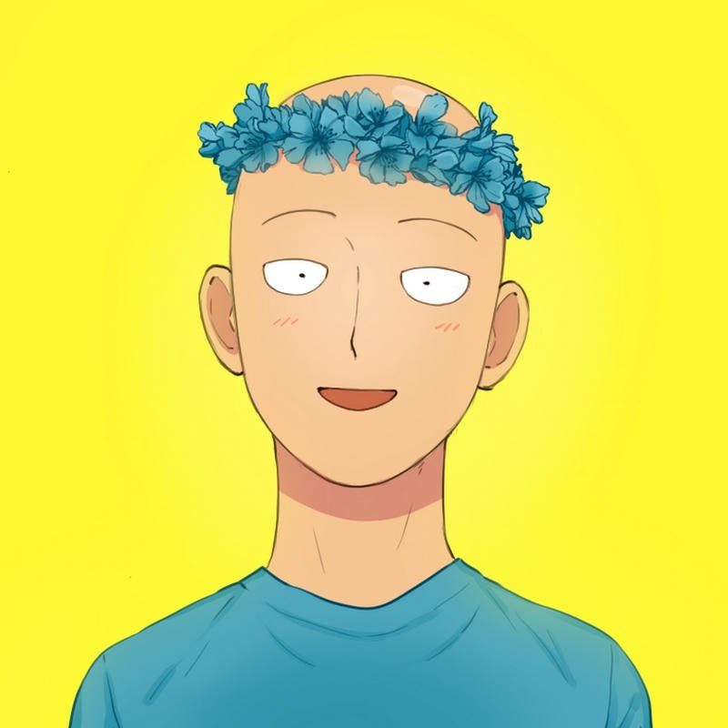 Ảnh Saitama cười tươi đội vòng hoa trên đầu