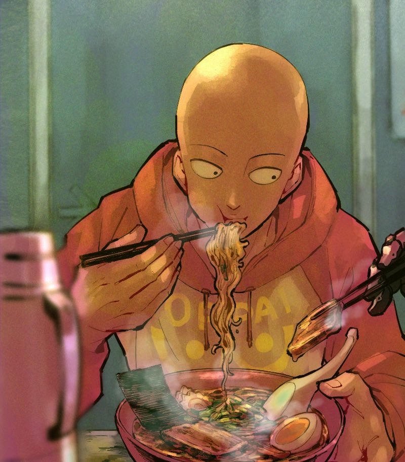Ảnh Saitama đang ăn mì ramen rất ngon lành