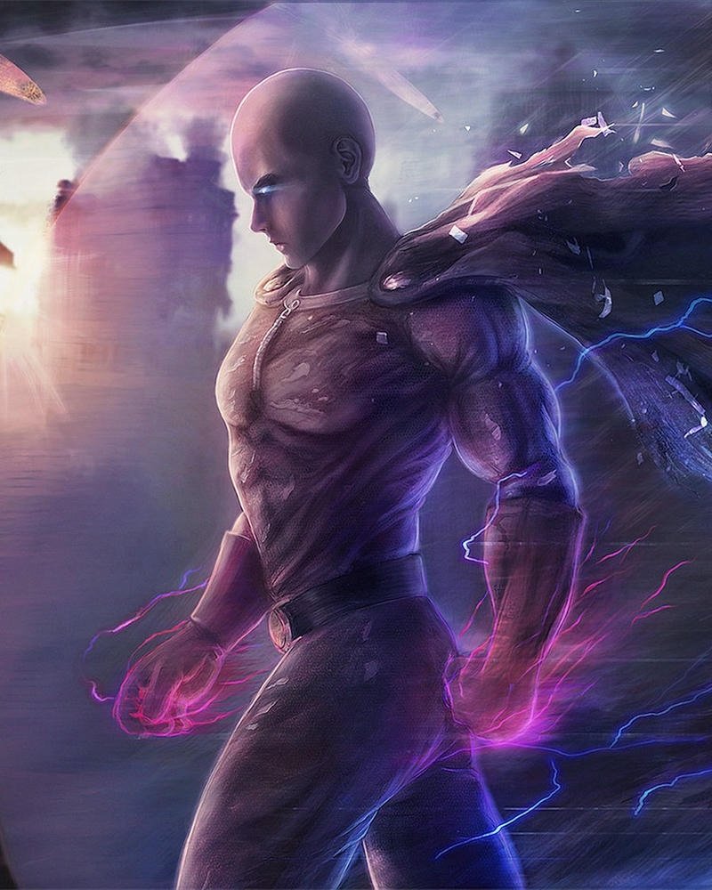 Ảnh Saitama đứng giữa hiệu ứng năng lượng tím