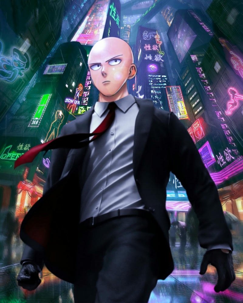 Ảnh Saitama mặc vest đen đi trong thành phố