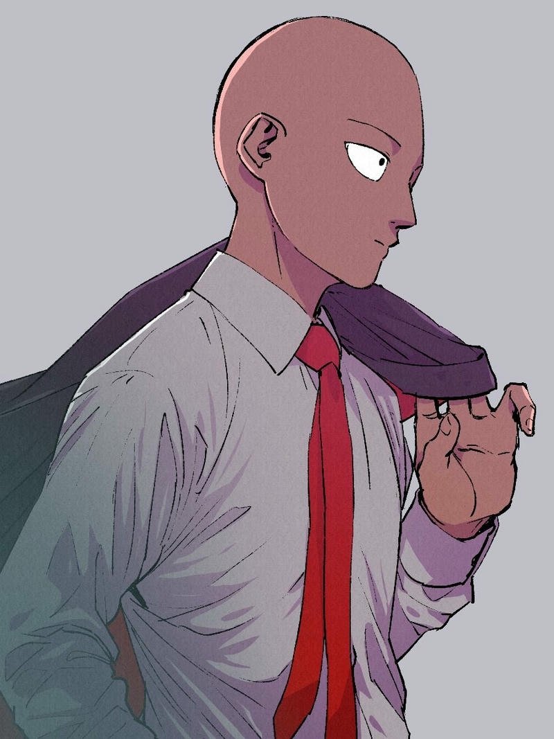 Ảnh Saitama mặc vest trắng thắt cà vạt đỏ