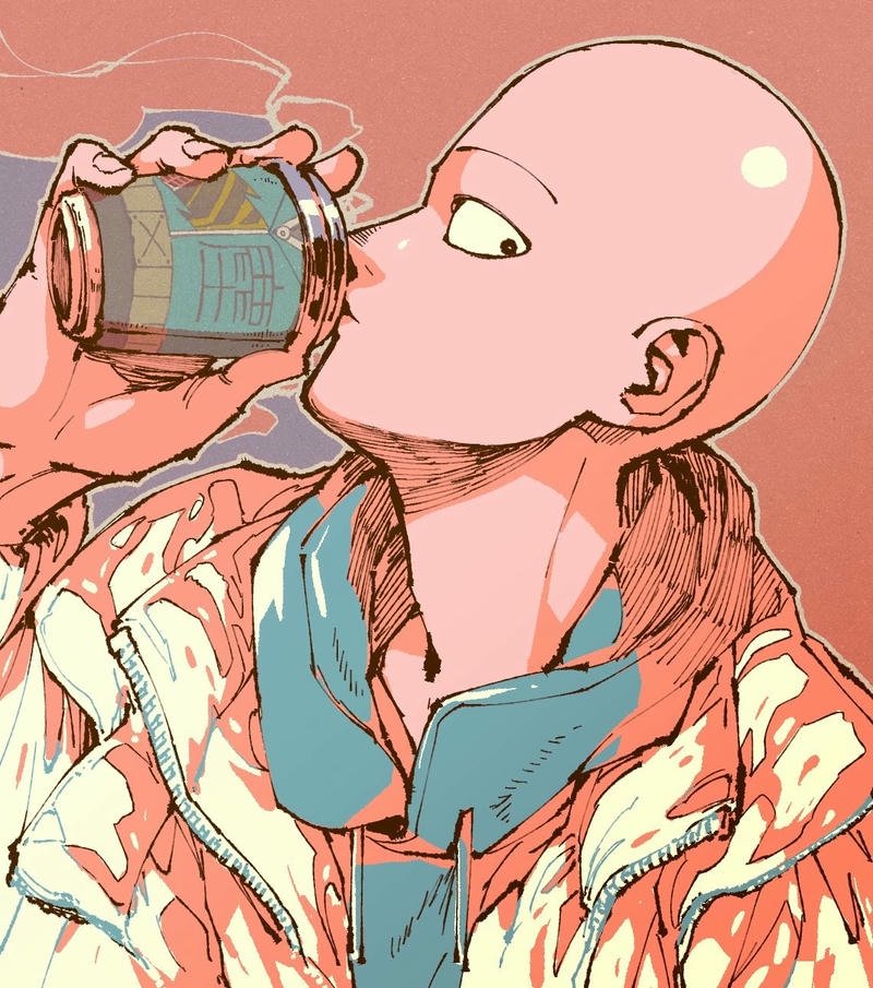 Ảnh Saitama uống nước giải khát sau khi tập