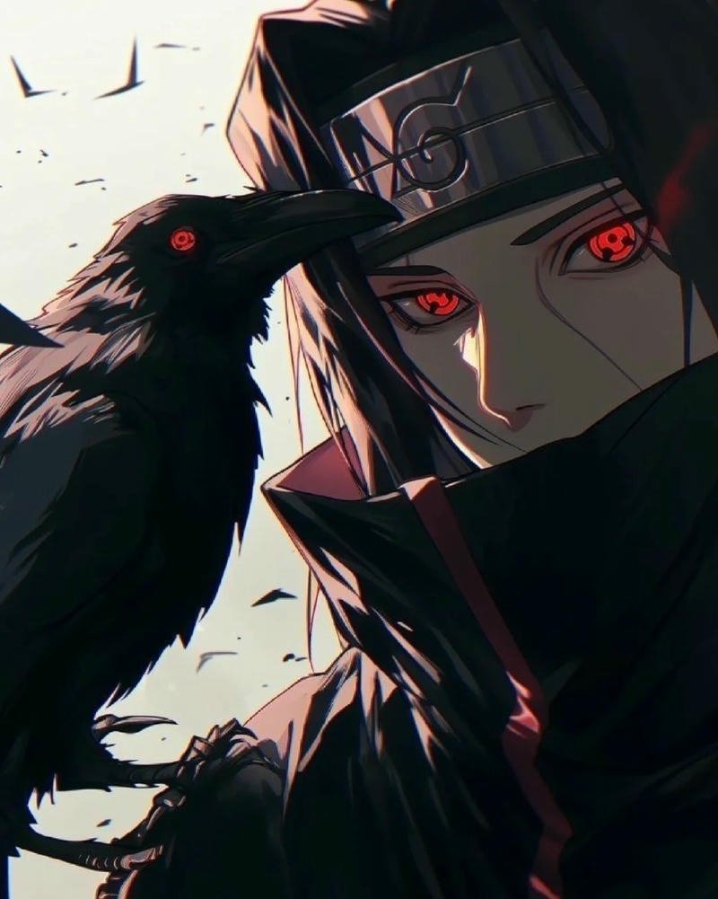 Ảnh Uchiha Itachi đứng trong bóng tối với quạ