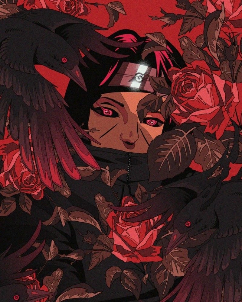 Ảnh Uchiha Itachi nghệ thuật với hoa hồng đỏ