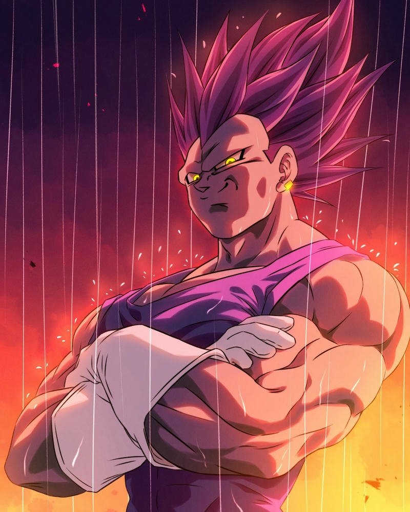 Ảnh Vegeta Ultra Ego tóc tím khoanh tay nhìn nghiêng