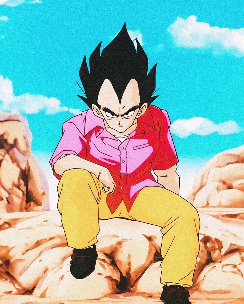 Ảnh Vegeta mặc áo sơ mi hồng ngồi trên đá