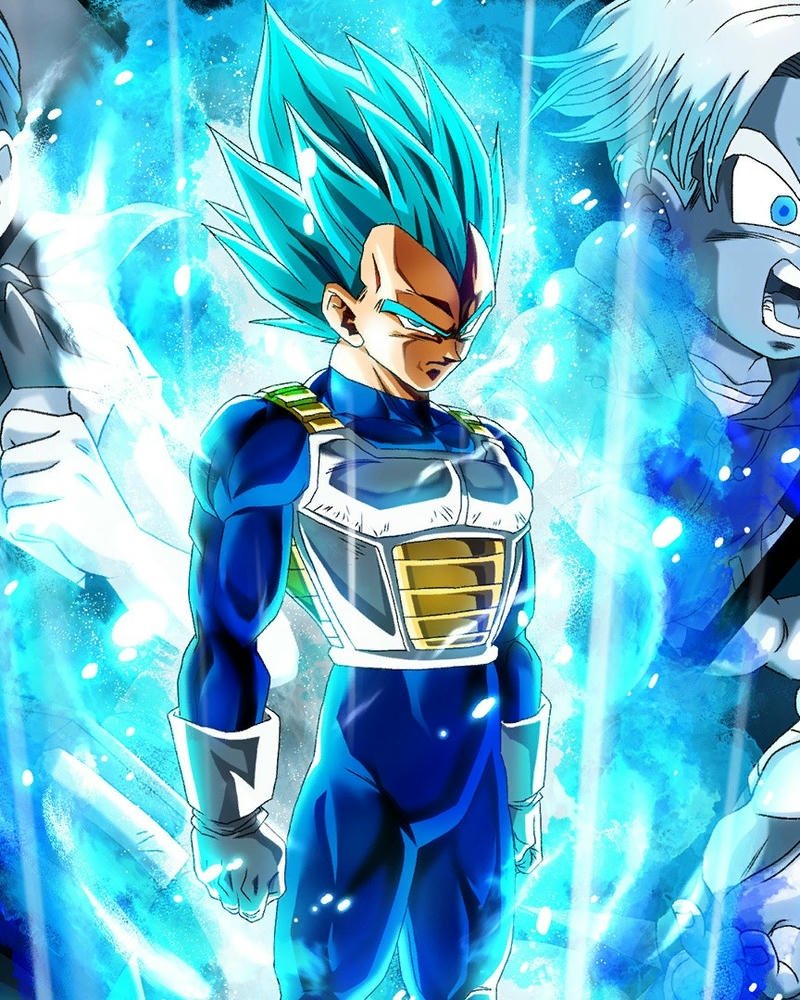 Ảnh Vegeta tóc xanh dương đứng giữa hào quang xanh
