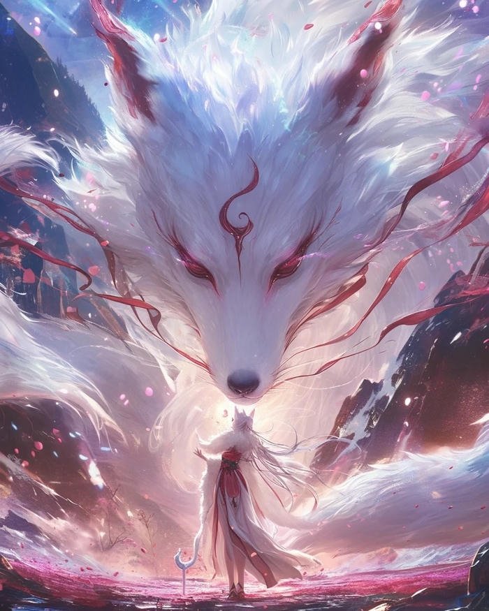 Ảnh hồ ly anime đầu hồ ly trắng lớn giữa rừng cây