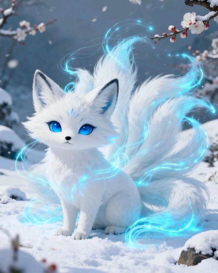 Ảnh hồ ly anime hồ ly trắng chín đuôi mắt xanh biếc