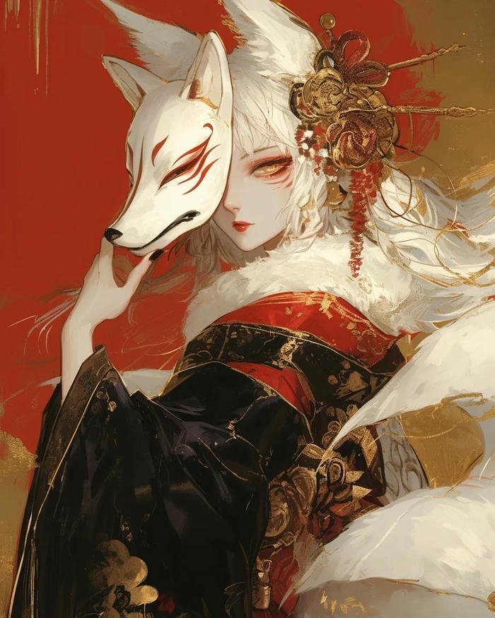 Ảnh hồ ly anime nam đeo mặt nạ hồ ly nửa mặt