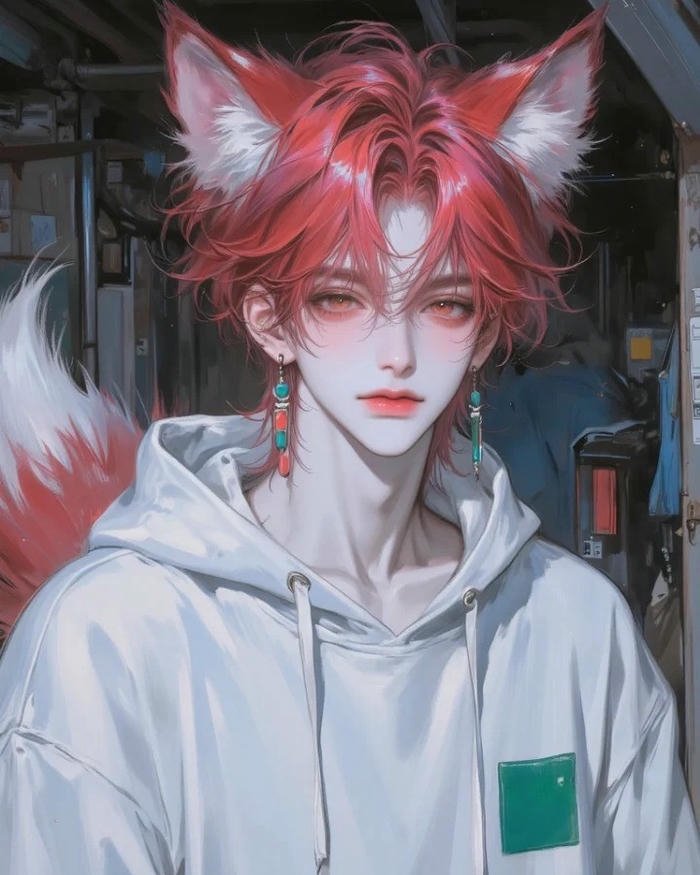Ảnh hồ ly anime nam tóc đỏ tai hồ ly nhìn thẳng