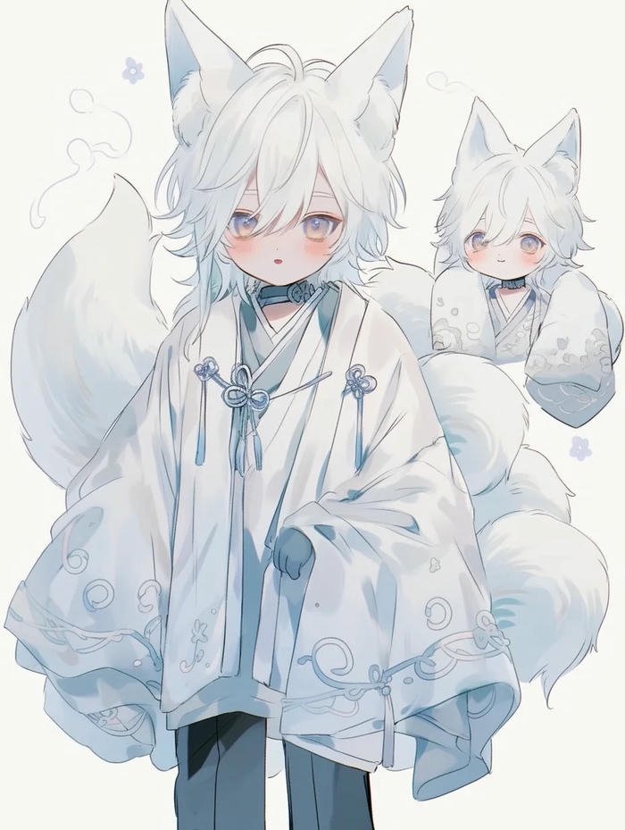 Ảnh hồ ly anime nam tóc trắng áo choàng trắng tai hồ ly