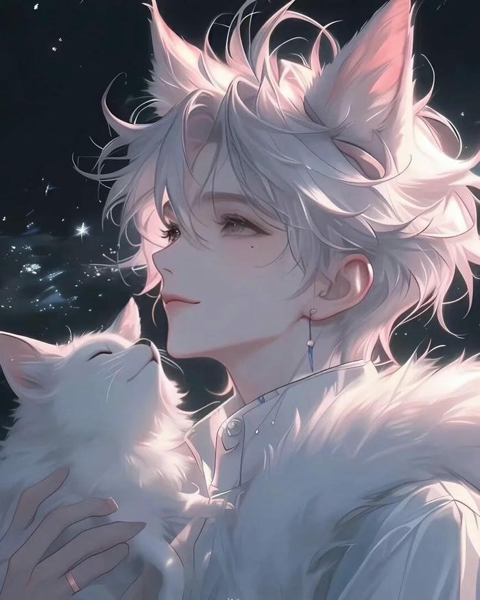 Ảnh hồ ly anime nam tóc trắng tai hồ ly ôm mèo trắng