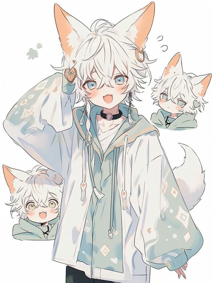 Ảnh hồ ly anime nam tóc trắng tai hồ ly trắng chibi