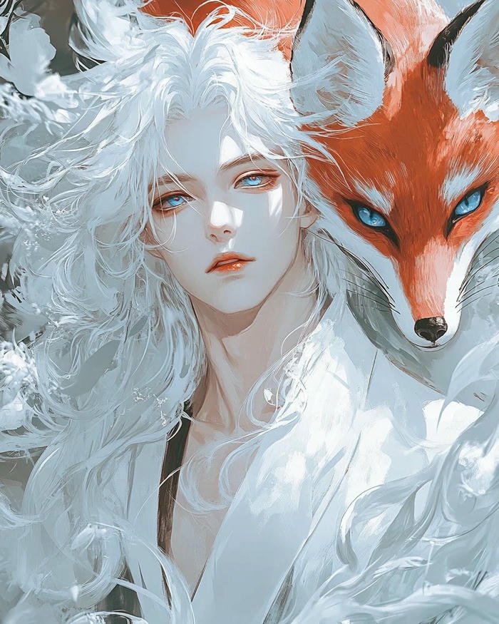 Ảnh hồ ly anime nam tóc trắng tai hồ ly trắng nhìn nghiêng