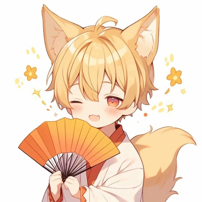 Ảnh hồ ly anime nam tóc vàng tai hồ ly vàng cầm quạt