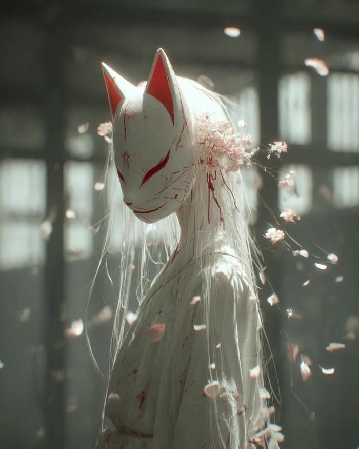 Ảnh hồ ly anime nữ đeo mặt nạ hồ ly trắng bí ẩn