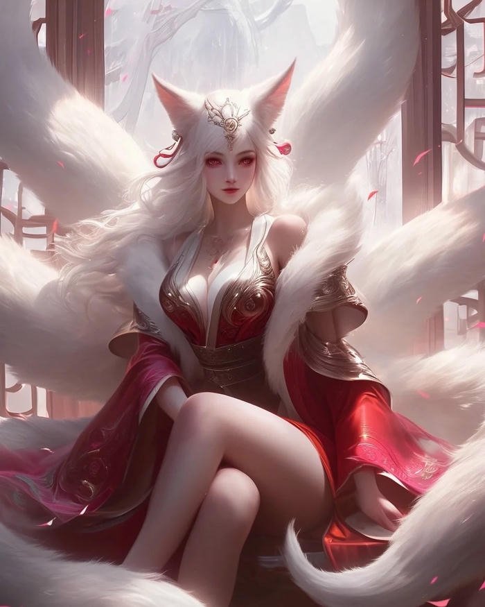 Ảnh hồ ly anime nữ mặc váy đỏ ngồi trên ghế cao
