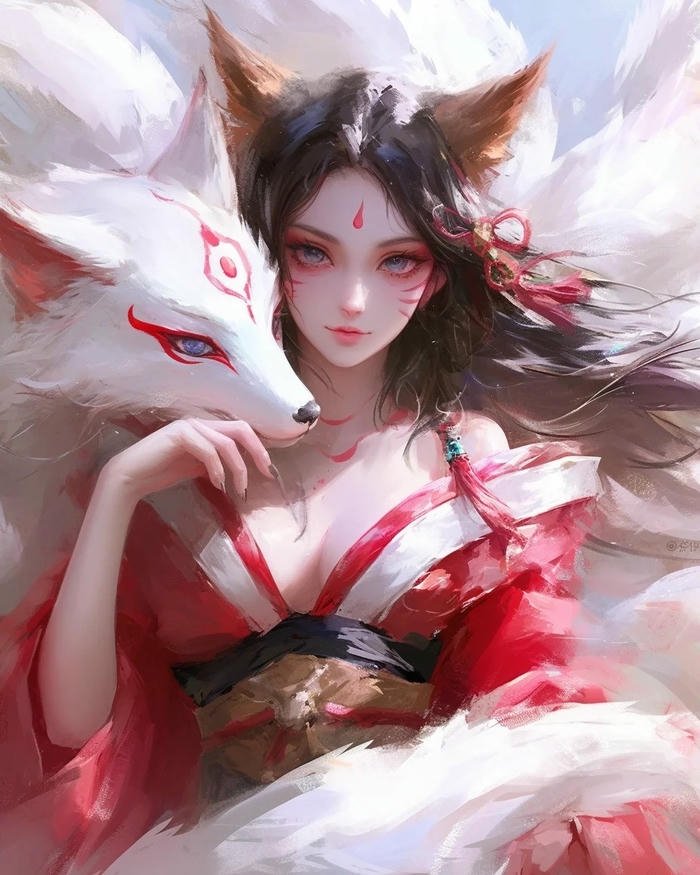 Ảnh hồ ly anime nữ tóc đen trang phục đỏ truyền thống