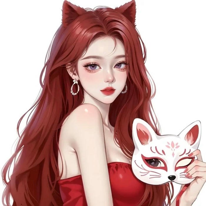 Ảnh hồ ly anime nữ tóc đỏ cầm mặt nạ hồ ly trắng