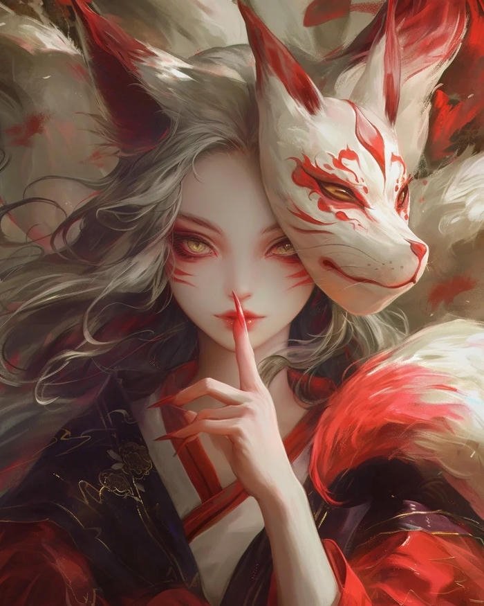 Ảnh hồ ly anime nữ tóc đỏ đeo mặt nạ hồ ly đỏ