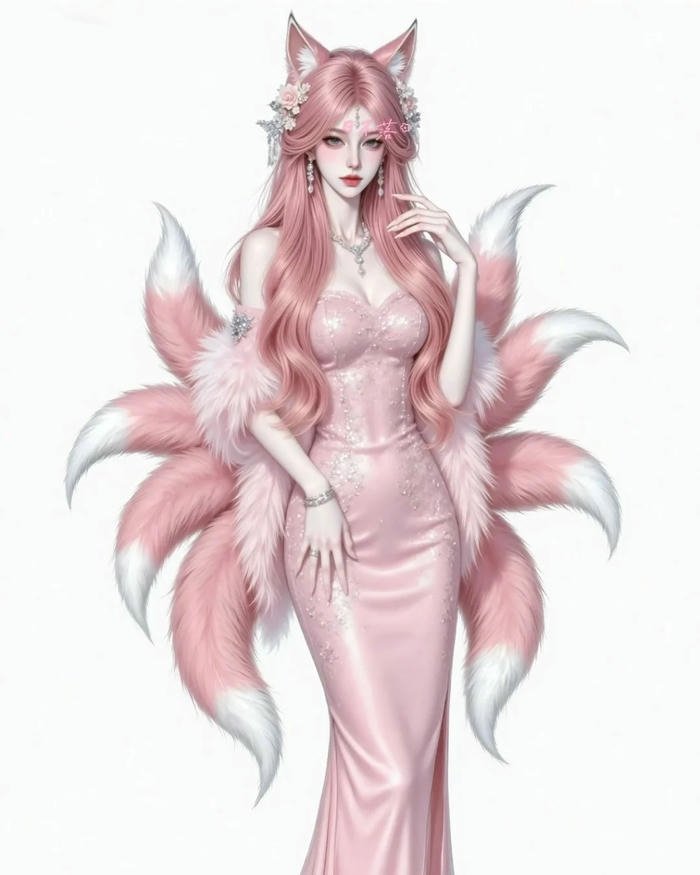 Ảnh hồ ly anime nữ tóc hồng váy hồng dáng đứng