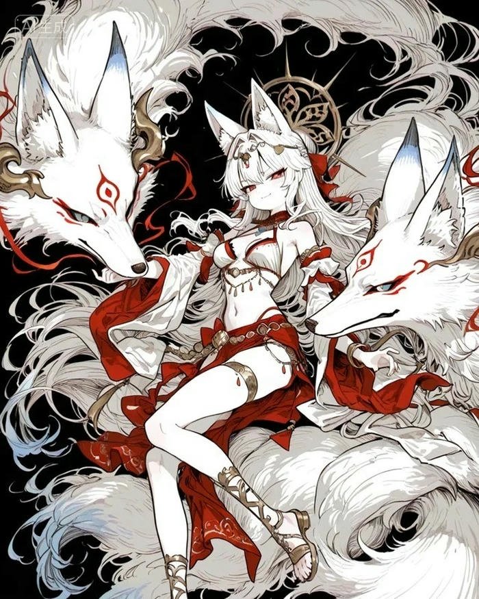 Ảnh hồ ly anime nữ tóc trắng ngồi giữa bầy hồ ly trắng